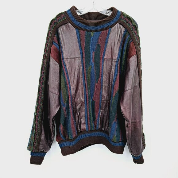 Saxony Collection Vintage 80s Cosby Sweater M Colorful Leather Suede HipHop 90s - Picture 1 of 11